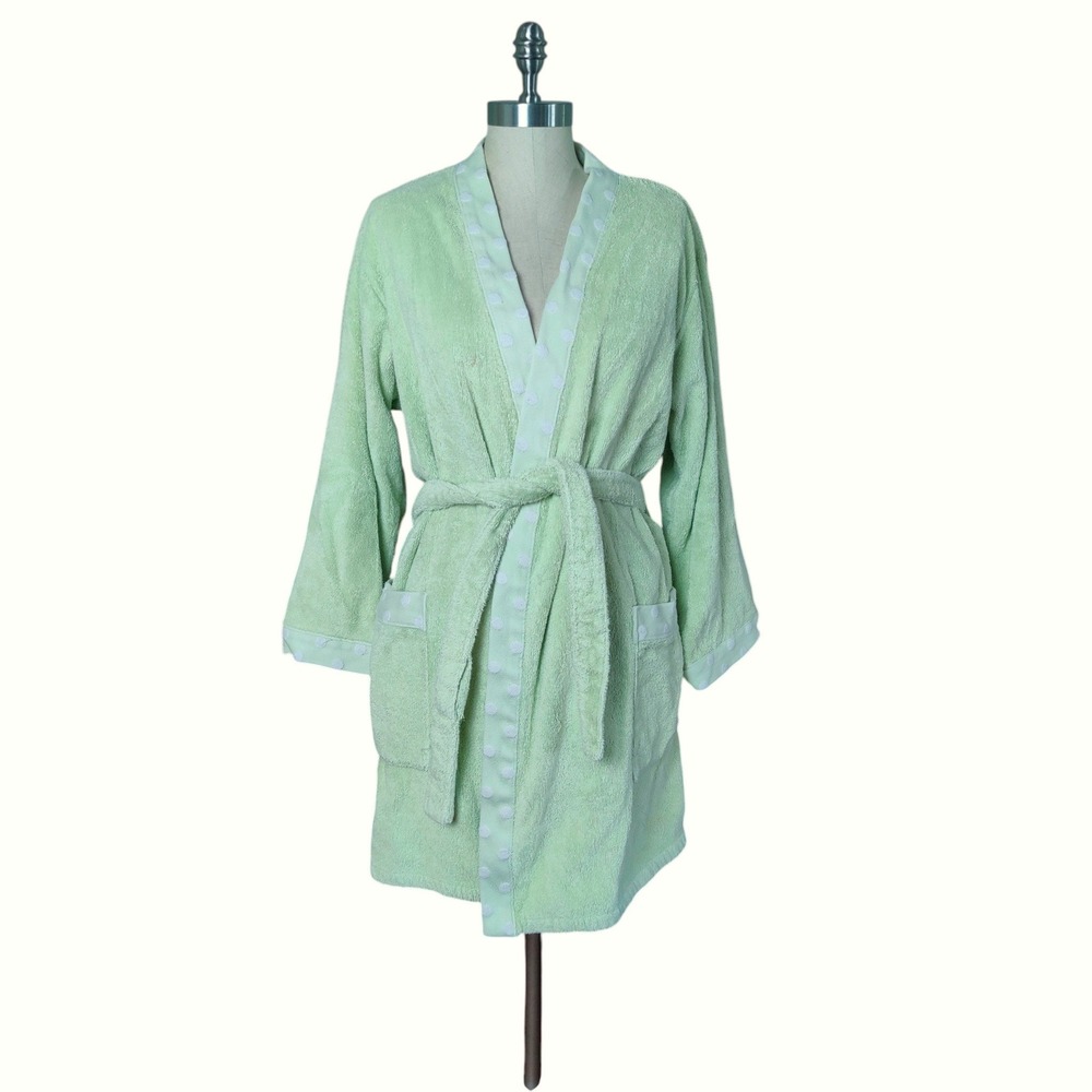 Vintage Yves Delorme Paris Green Terry Cloth Bathrobe Polka Dot Luxury Robe M